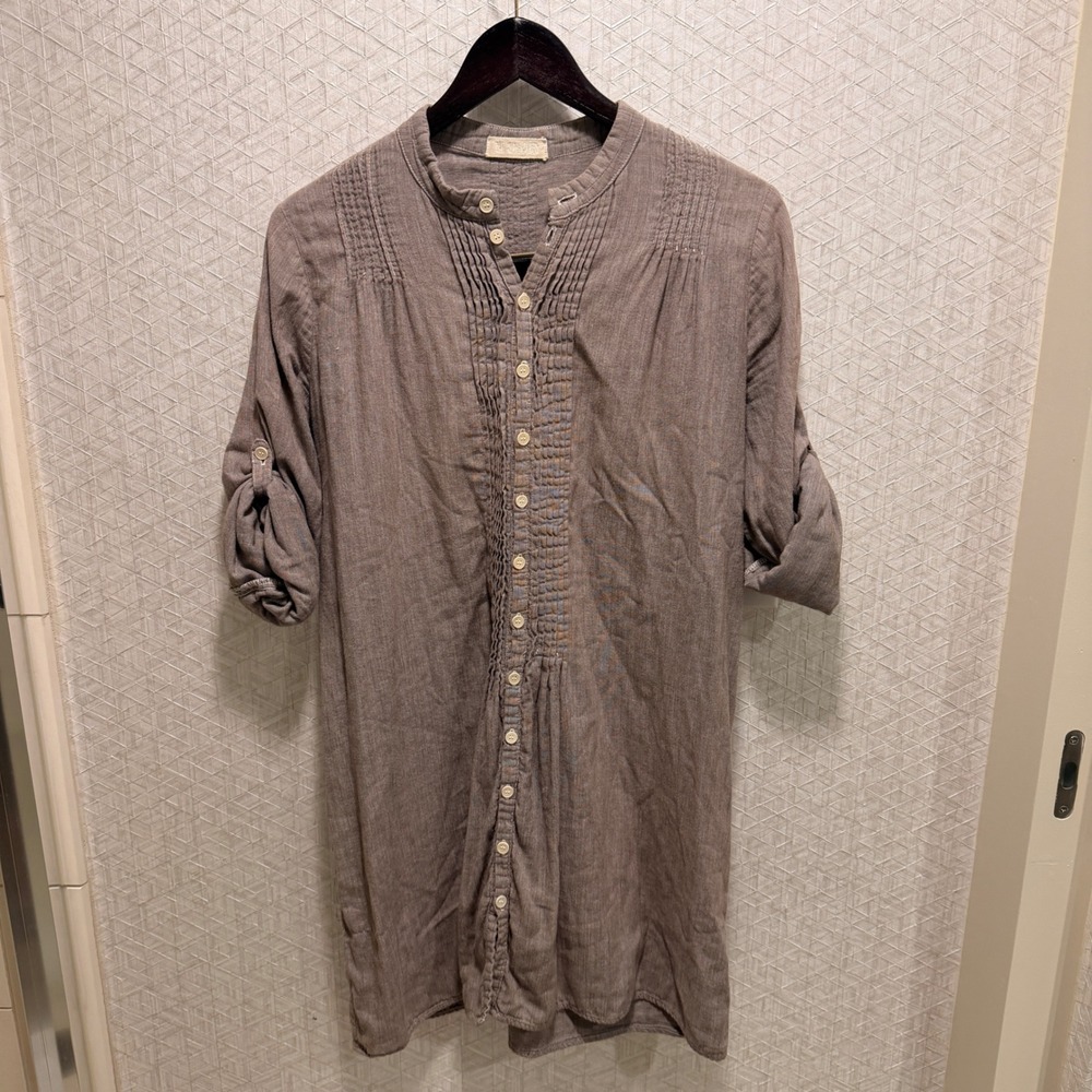 CP Shades Pintuck Cotton Tunic Shirt Small Coastal Boho Brown Micro Stripe